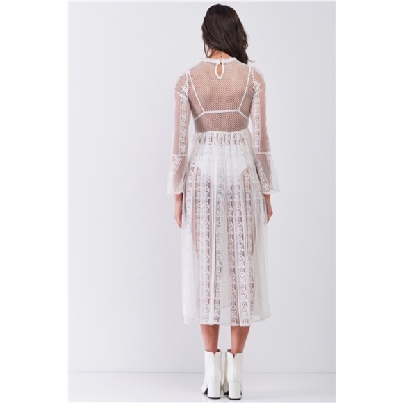 Boho Vintage Sheer Lace Midi Dress Flare Sleeves - Picture 4 of 8